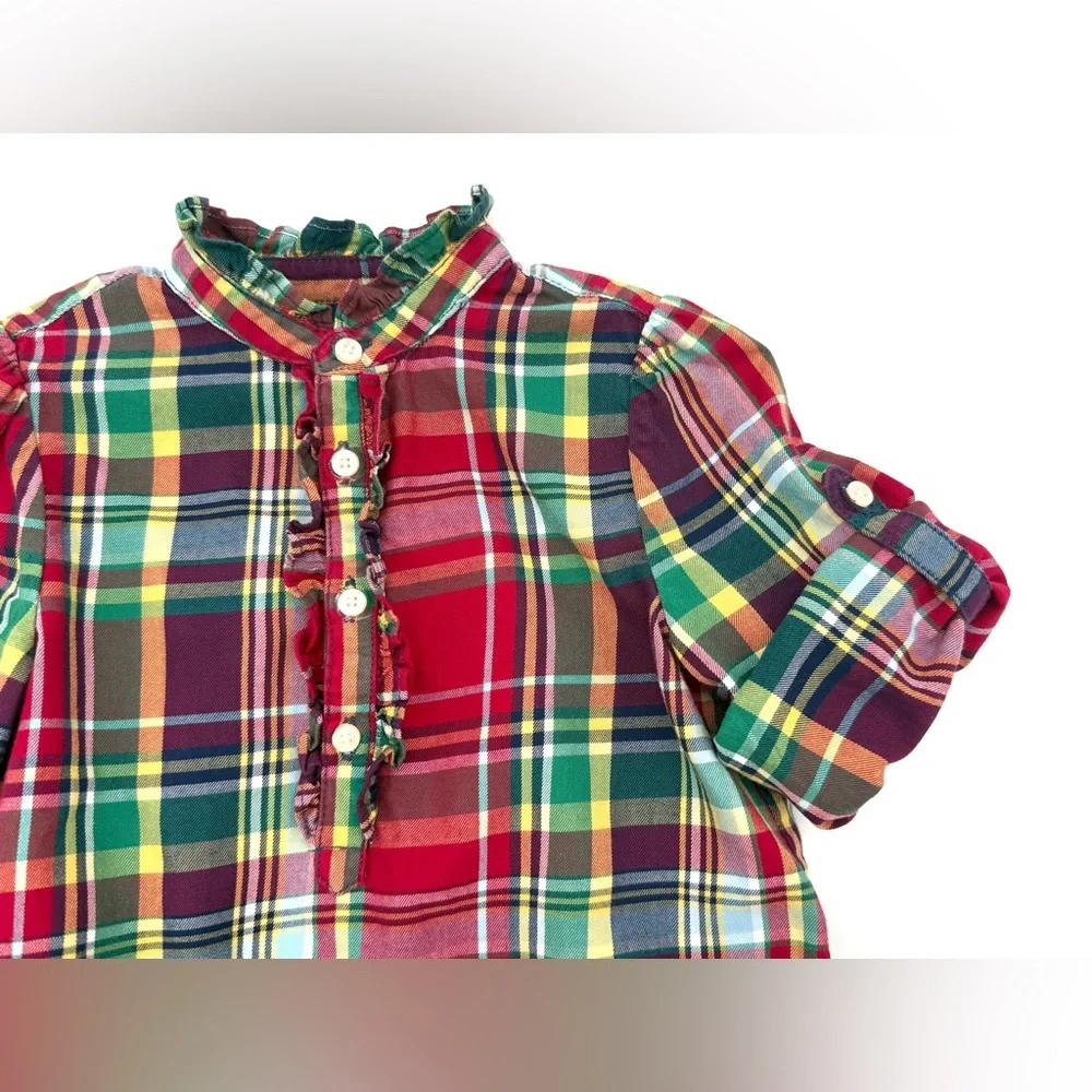 EUC Ralph Lauren Christmas Plaid Peplum Long Sleeve Tunic Top In Red & Green 24M